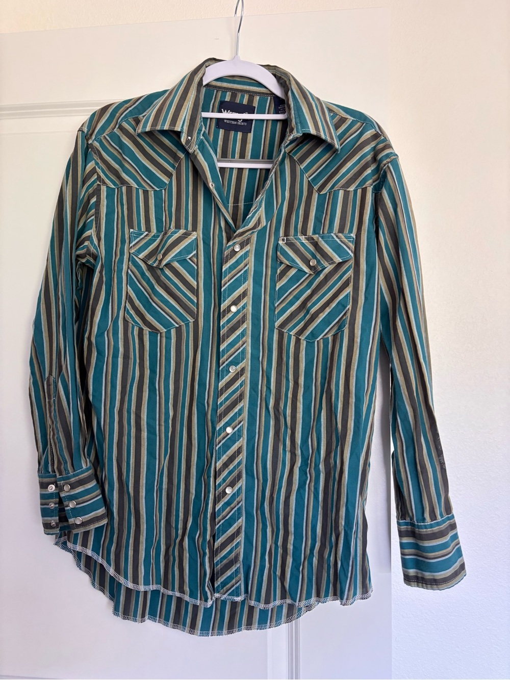 Wrangler Teal, Brown & Cream Striped Western Shirt